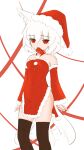  1girl alternate_costume alternate_headwear animal_ear_fluff animal_ears brown_thighhighs christmas commentary detached_sleeves dress english_commentary fur-trimmed_dress fur-trimmed_headwear fur-trimmed_sleeves fur_trim grey_hair hat highres inubashiri_momiji kokowoch looking_at_viewer merry_christmas mouth_hold red_dress red_eyes red_hat santa_costume santa_hat solo strapless strapless_dress tail tail_wagging thighhighs touhou wolf_ears wolf_girl wolf_tail 