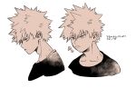  1boy absurdres bakugou_katsuki boku_no_hero_academia closed_mouth collarbone commentary_request crew_neck cropped_shoulders eyebrows_hidden_by_hair frown hair_between_eyes hatching_(texture) highres linear_hatching looking_ahead male_focus monochrome mori_dosukoi multiple_views orange_theme partial_commentary profile sanpaku shirt short_hair simple_background spiked_hair t-shirt translation_request turnaround v-shaped_eyebrows white_background 