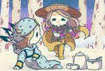  2boys arm_warmers armband beanie beard blonde_hair blue_eyes blue_hat blue_hoodie blue_pants bridal_gauntlets brown_hat cape chibi chibi_only commentary cowboy_hat cup facial_hair feathers green_eyes gyro_zeppeli hat highres holding_brooch hood hood_down hoodie horseshoe_hat_ornament horseshoe_ornament johnny_joestar jojo_no_kimyou_na_bouken long_hair long_sleeves m_a_a_m_8 male_focus medium_hair multiple_boys official_alternate_costume pants purple_bridal_gauntlets purple_shirt shirt short_sleeves snow star_(symbol) star_print steel_ball_run teacup teapot tree untranslatable_commentary yellow_arm_warmers yellow_cape yellow_pants 