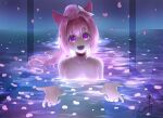  1girl animal_ears blush bow breasts chainsaw_man commentary ear_bow ear_covers english_commentary flower-shaped_pupils flower_in_eye hairband haru_urara_(umamusume) haruwifeagenda headband highres horse_ears horse_girl i'll_teach_you_everything_(chainsaw_man) long_hair looking_at_viewer nude open_mouth petals pink_eyes pink_hair pink_headband ponytail pool red_headband scene_reference smile solo symbol-shaped_pupils symbol_in_eye umamusume water 