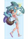  1boy :d anchor_ornament animal_ear_fluff animal_ears armlet beads blue_background blue_eyes border bracelet brown_hair butt_crack collar covered_nipples evinist fangs fluffy_tail from_behind full_body garu_(nu_carnival) hair_between_eyes highres holding inflatable_orca inflatable_toy inset_border jewelry looking_at_viewer looking_back low-cut_armhole low_ponytail male_focus mesh_top multiple_anklets multiple_bracelets nu_carnival official_alternate_costume open_mouth paw_print paw_print_soles pectorals ponytail sandals scar scar_on_face scar_on_nose see-through_clothes see-through_shirt ship's_wheel_ornament shirt short_hair short_ponytail shorts sidepec signature sleeveless sleeveless_shirt smile solo spiked_collar spikes tail tail_through_clothes tassel thighlet toned toned_male white_border white_sandals white_shirt white_shorts wolf_boy wolf_ears wolf_tail 
