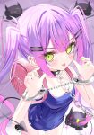  1girl :p absurdres backpack bag barbell_piercing bibi_(tokoyami_towa) breasts commentary covered_navel cowboy_shot cuffed cuffs demon_girl demon_tail ear_piercing gradient_hair green_eyes green_nails hair_ornament hairclip handcuffs heart_collar highres hololive industrial_piercing long_hair looking_at_viewer multicolored_hair parallel_hairclips piercing pink_hair pink_nails purple_hair randoseru school_swimsuit small_breasts smile solo spiked_ear_piercing swimsuit tail tail_ornament tail_piercing takka_(tktk1111111) tokoyami_towa tongue tongue_out twintails two-tone_hair virtual_youtuber 
