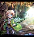  1boy armor bangs blonde_hair blue_eyes brown_gloves cave chibi earrings full_body fur_trim glacier_spawn_(sekaiju) gloves green_robe jewelry kirjonen letterboxed looking_at_viewer parted_bangs pote_(ptkan) puddle sekaiju_no_meikyuu sekaiju_no_meikyuu_4 short_hair solo stalactite standing 