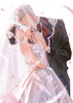  1boy 1girl aegyo_sal bare_shoulders black_jacket bow bowtie bridal_veil chinese_commentary closed_eyes collared_shirt commentary_request couple cowboy_shot dark_datura_(love_and_deepspace) dated dress elbow_gloves feather_collar fingerless_gloves from_side gloves hair_ornament hand_on_another's_back hetero highres jacket lapels layered_sleeves long_sleeves looking_at_another love_and_deepspace nose notched_lapels official_alternate_costume parted_bangs parted_lips profile protagonist_(love_and_deepspace) red_bow red_bowtie red_eyes shirt short_hair simple_background smile strapless strapless_dress suit_jacket sylus_(alternative_darkborne)_(love_and_deepspace) sylus_(love_and_deepspace) veil watermark wedding_dress weibo_username weibo_watermark white_background white_dress white_hair white_shirt wingtip_collar zhishuo418 
