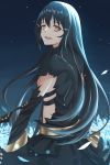  1girl act_(xadachit) black_hair dandelion_(girls_frontline) dress flower girls_frontline highres long_hair open_mouth petals sidelocks solo torn_clothes very_long_hair yellow_eyes 