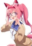  1girl absurdres adjusting_eyewear animal_ears blush bow bowtie brown_sweater commentary ear_bow ear_covers flower-shaped_pupils flower_in_eye freely2327 glasses hairband haru_urara_(umamusume) headband highres horse_ears horse_girl horse_tail long_hair long_sleeves looking_at_viewer open_mouth pink_eyes pink_hair pink_headband ponytail purple_sailor_collar red_headband round_eyewear sailor_collar school_uniform simple_background smile solo sweater symbol-shaped_pupils symbol_in_eye tail teeth tracen_school_uniform umamusume untranslatable_commentary upper_teeth_only white_background white_bow white_bowtie 