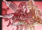  1boy 1other arm_tattoo black_lips black_nails blood blood_splatter diavolo fishnet_top fishnets fork gold_experience_requiem green_lips highres impaled jojo_no_kimyou_na_bouken knife li_bug_dear long_hair makeup male_focus pink_hair spotted_hair stab stand_(jojo) tattoo veil vento_aureo 