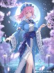  1girl blue_butterfly blue_hat blue_kimono blue_ribbon breasts bug butterfly butterfly_on_hand cherry_blossoms closed_mouth commentary_request falling_petals frilled_kimono frills full_moon hair_between_eyes hat holding japanese_clothes kimono large_breasts long_hair long_sleeves looking_at_viewer mob_cap moon neck_ribbon night obi outdoors petals pink_eyes pink_hair pink_petals purple_sash ribbon ribbon-trimmed_sleeves ribbon_trim saigyouji_yuyuko sash shironeko_yuuki sleeve_garter smile solo thighs touhou translation_request triangular_headpiece wide_sleeves yuuhei_satellite 