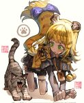  1girl all_fours animal_ear_fluff animal_ears black_shorts blue_shoes bow cat colored_inner_hair commentary_request green_eyes grey_shirt highres jacket ju_fufu long_hair looking_at_animal multicolored_hair open_mouth reomenka shirt shoes shorts striped_fur striped_hair tail tail_bow tail_ornament thigh_strap tiger_ears tiger_girl tiger_stripes tiger_tail white_background yellow_jacket zenless_zone_zero 