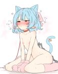  1girl absurdres animal_collar animal_ears animal_hands bandaid bandaids_on_nipples blue_hair blush cat_ears cat_girl collar commentary_request ear_blush ei_tantan flat_chest gloves highres kemonomimi_mode leash medium_hair missing_headwear open_mouth panties pasties paw_gloves pink_gloves pointy_ears red_collar red_eyes remilia_scarlet scratching_chin sitting solo touhou translation_request underwear wariza white_panties wings 