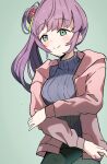  1girl bloom_garden_party_jacket breasts closed_mouth commentary flower green_background green_skirt grey_sweater hair_bun hair_flower hair_ornament highres hood hood_down hooded_jacket jacket llb long_sleeves love_live! love_live!_hasu_no_sora_jogakuin_school_idol_club love_live!_hasu_no_sora_jogakuin_school_idol_club_bloom_garden_party medium_breasts open_clothes open_jacket otomune_kozue pink_jacket purple_hair red_flower ribbed_sweater side_ponytail sidelocks simple_background single_side_bun skirt smile solo sweater tassel tassel_hair_ornament turtleneck turtleneck_sweater 