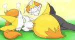  2020 ambiguous_gender angry big_ears blush braixen chest_tuft eiroru fluffy fluffy_tail fur hi_res hip_tuft inner_ear_fluff looking_away lying lying_on_ground multicolored_body multicolored_fur multicolored_tail nintendo on_side pok&eacute;mon pok&eacute;mon_(species) rear_view red_eyes semi-anthro shoulder_tuft simple_background smile solo tuft two_tone_tail video_games white_body white_fur 