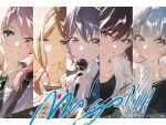  5girls absurdres bang_dream! bang_dream!_it's_mygo!!!!! black_hair blue_eyes brown_eyes chihaya_anon commentary_request drum drumsticks grey_eyes guitar highres instrument kaname_raana letter logo looking_at_viewer microphone multiple_girls mygo!!!!!_(bang_dream!) nagasaki_soyo pink_hair purple_eyes shiina_taki shirt takamatsu_tomori tumaomao white_shirt 
