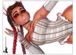  1girl adapted_costume apex_legends bare_shoulders border breasts brown_eyes brown_hair chain chain_earrings commentary dark-skinned_female dark_skin detached_sleeves earrings english_commentary eyeshadow fingerless_gloves frilled_leotard frills gloves gold_choker grey_gloves grey_leotard hair_behind_ear hanging jewelry large_breasts leotard loba_(apex_legends) long_hair looking_at_viewer makeup multicolored_hair multiple_earrings omar_dogan pink_lips playboy_bunny protected_link puckered_lips red_eyeshadow red_hair red_nails scan signature simple_background smile solo traditional_media two-tone_hair upper_body white_background white_border 