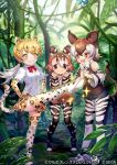  +_+ 3girls :3 animal_ears animal_print baird&#039;s_tapir_(kemono_friends) bare_shoulders blonde_hair blush boots bow bowtie brown_eyes brown_hair brown_shorts brown_vest center_frills choker collared_shirt commentary_request ctake02 denim denim_shorts detached_sleeves elbow_gloves extra_ears eyebrows_visible_through_hair frills gloves highres kemono_friends kemono_friends_3 leopard_(kemono_friends) leopard_ears leopard_girl leopard_print leopard_tail multicolored_hair multiple_girls official_art okapi_(kemono_friends) okapi_ears okapi_tail pantyhose pleated_skirt print_gloves print_legwear print_skirt red_neckwear shirt short_hair short_shorts short_sleeves shorts skirt sleeveless smug standing standing_on_one_leg striped striped_legwear striped_sleeves tail tapir_ears tapir_girl tapir_tail thighhighs twintails vest white_hair white_neckwear white_shirt yellow_eyes zebra_print zettai_ryouiki 