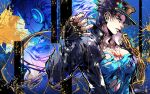  1boy 1other aqua_eyes black_coat black_gloves black_hair black_hat blood blood_on_clothes blue_shirt chain chinese_commentary coat commentary commentary_request dated earrings fingerless_gloves gakuran gloves gold_chain hand_up hat highres jewelry jojo_no_kimyou_na_bouken kujo_jotaro long_coat male_focus muscular muscular_male paint_splatter parted_lips peaked_cap pectorals profile scarf school_uniform sherytan shirt short_hair shoulder_pads signature sparkle stand_(jojo) star_(symbol) star_earrings star_platinum stardust_crusaders torn_clothes torn_shirt upper_body 