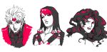  3boys :q battle_tendency black_sclera black_shirt chest_harness collarbone colored_sclera commentary_request dio_brando earrings harness headband heart_ornament highres hood hood_up jacket jewelry jojo_no_kimyou_na_bouken kars_(jojo) licking_lips limited_palette long_hair male_focus monochrome multiple_boys pectorals poorpoor1988117 red_eyes red_hair red_headband red_jacket risotto_nero scarf shirt simple_background spot_color stardust_crusaders tongue tongue_out vento_aureo white_background 