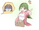  2girls :d anger_vein breasts brown_hair clenched_teeth commentary_request fujishima_megumi green_hair green_skirt hair_ornament hairclip half-closed_eye hand_on_own_hip hood hooded_jacket jacket jewelry long_hair love_live! love_live!_hasu_no_sora_jogakuin_school_idol_club love_live!_hasu_no_sora_jogakuin_school_idol_club_bloom_garden_party medium_breasts mifukuzawa multiple_girls necklace ogami_sachi open_clothes open_jacket open_mouth parallel_hairclips pink_jacket pointing ribbed_sweater shaded_face skirt smile spoken_character sweater teasing teeth two_side_up uneven_eyes virtual_youtuber white_sweater yellow_eyes 