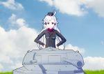  1girl :&lt; absurdres breasts c96_(girls_frontline) caterpillar_tracks cloud commentary_request day gilijim girls_frontline girls_und_panzer grass ground_vehicle highres kuromorimine_military_uniform long_hair military military_vehicle motor_vehicle panzerkampfwagen_ii red_eyes sky tank tank_turret white_hair 