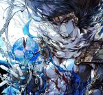  1other abs armor bare_pectorals black_gloves black_hair black_skin bracelet broken chain chinese_commentary closed_mouth colored_skin commentary commentary_request cracked_skin earth_(planet) fingerless_gloves fingernails floating_hair gem gloves grey_scarf grey_skin headpiece highres holding_planet jewelry jojo_no_kimyou_na_bouken long_hair looking_at_viewer multicolored_skin muscular muscular_other other_focus pauldrons pectorals planet red_eyes red_gem scarf shards sherytan shoulder_armor shoulder_pads smile solo stand_(jojo) star_platinum stardust_crusaders stardust_crusaders_(ova) tiara torn_clothes torn_scarf two-tone_skin upper_body 