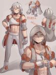  1other abs absurdres artist_name bandaid bandaid_on_face brown_hair character_name clenched_hand cracking_knuckles gauntlets grey_hair grey_pants highres hood hood_down hood_up jewelry medium_hair midriff mielthemouse mixed-language_commentary multicolored_hair necklace pants personification pokemon pokemon_(creature) reference_inset regirock streaked_hair toned 