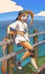 absurd_res anthro aquatic blue_eyes clothed clothing colorful_theme crossdressing crossdressing_male cyprinid cypriniform destrustor dress exposed_chest femboy fin fish goldfish hat headgear headwear hi_res knee_pads lipstick makeup male sea seaside skateboard skater solo vehicle water