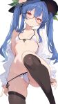 1girl alternate_hairstyle bespectacled bikini black-framed_eyewear blue_hair breasts brown_thighhighs commentary_request glasses highres hinanawi_tenshi long_hair looking_at_viewer micro_bikini open_clothes open_shirt red_eyes shirt simple_background small_breasts solo swimsuit tetsurou_(fe+) thighhighs touhou twintails white_background white_bikini white_shirt 