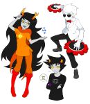  1girl 2boys absurdres black_hair black_pants black_shirt black_shoes boots bow bowtie colored_sclera colored_skin commentary crossed_arms dave_strider dice fangs grey_skin highres homestuck horns karkat_vantas kasage_(rch07) long_hair multiple_boys orange_boots orange_shirt pants red_bow red_bowtie shirt shoes speech_bubble suit sunglasses traditional_bowtie troll_(homestuck) turntable very_long_hair white_skin white_suit yellow_sclera 