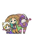  2boys absurdres arm_warmers armband beanie beard belt blonde_hair blue_arm_warmers blue_bridal_gauntlets blue_eyes blue_pants bridal_gauntlets brown_hat brown_pants cape chibi chibi_only commentary cowboy_hat eating facial_hair green_cape green_hair gyro_zeppeli hat heart highres hood hood_down hoodie horse horseshoe_hat_ornament horseshoe_ornament johnny_joestar jojo_no_kimyou_na_bouken long_hair looking_at_another m_a_a_m_8 male_focus medium_hair multiple_boys orange_sleeves pants purple_mask purple_shirt purple_sleeves red_sleeves shirt simple_background spurs star_(symbol) star_print steel_ball_run two-tone_sleeves untranslatable_commentary valkyrie_(jojo) white_background white_hat white_hoodie white_sleeves yellow_belt 