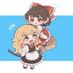  2girls :3 apron ascot black_skirt black_vest blonde_hair bow bowtie braid broom broom_riding brown_eyes brown_hair chibi chibi_only collared_shirt commentary_request detached_sleeves frilled_bow frilled_hair_tubes frilled_skirt frills hair_bow hair_tubes hakurei_reimu highres kirisame_marisa long_hair missing_headwear multiple_girls open_mouth puffy_short_sleeves puffy_sleeves red_bow red_bowtie red_skirt ribbon-trimmed_sleeves ribbon_trim shirt short_sleeves side_braid single_braid skirt skirt_set smile touhou twitter_username uzuki_(amayadori) vest waist_apron white_shirt yellow_ascot 