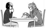  2girls ahoge anyoji_hime anyoji_hime_(winter_loungewear) blunt_bangs blunt_ends bob_cut closed_eyes commentary_request cup curry curry_rice drinking elbows_on_table feet_out_of_frame food greyscale hair_ribbon holding holding_spoon hood hood_down hoodie long_hair long_sleeves love_live! love_live!_hasu_no_sora_jogakuin_school_idol_club momose_ginko momose_ginko_(winter_loungewear) monochrome mug multi-tied_hair multiple_girls open_mouth pants plate ponytail potatopenggu profile ribbed_sweater ribbon rice short_hair sidelocks simple_background spoon sweater turtleneck turtleneck_sweater virtual_youtuber white_background 