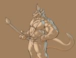  2019 absurd_res anthro belt bottomwear clothed clothing dragonborn fin hand_on_hip head_fin hi_res horn looking_at_viewer male melee_weapon muscular muscular_anthro muscular_male portrait restricted_palette side_view simple_background solo symmhusky three-quarter_portrait topless weapon 