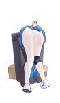  1girl absurdres blue_archive blue_skirt commentary from_behind highres in_container in_trash_can knee_pads loushao lower_body miyu_(blue_archive) panties panties_under_pantyhose pantyhose shoes simple_background single_knee_pad skirt skirt_flip solo trash_can underwear untranslatable_commentary weasel white_background white_panties white_pantyhose white_shoes 