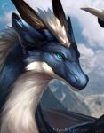  2020 blue_body blue_eyes blue_fur blurred_background cloud detailed detailed_background dragon fur furred_dragon hi_res horn light lighting multicolored_body multicolored_fur outside rhythmpopfox signature sky smile solo text two_tone_body two_tone_fur white_body white_fur 