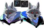  1boy animal_ears black_cloak black_sclera cloak colored_sclera death_(puss_in_boots) fangs furry furry_male grey_fur highres hood hood_down hooded_cloak karmaho looking_to_the_side male_focus open_mouth puss_in_boots:_the_last_wish red_eyes reference_inset shrek_(series) twitter_username white_background wolf_boy wolf_ears 