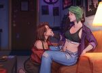  2girls arm_tattoo breasts brown_hair chloe_price commentary couch english_commentary green_hair hand_in_another's_pants hand_on_another's_face highres life_is_strange:_reunion life_is_strange_(series) max_caulfield multiple_girls navel_piercing off_shoulder on_couch open_clothes open_shirt panties panty_peek piercing sports_bra tattoo trixdraws underwear undressing_another yuri 