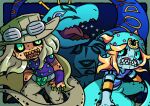  2boys aqua_hat aqua_pants armband belt belt_buckle black_sclera blonde_hair blue_eyes blue_hoodie blue_skin bridal_gauntlets buckle cape claws clenched_teeth colored_sclera colored_skin commentary commentary_request cowboy_hat cracked_skin diego_brando dinosaur dinosaur_tail goggles goggles_on_headwear green_eyes green_nails grey_belt grey_hat grey_pants gyro_zeppeli hat hood hood_down hoodie horseshoe_hat_ornament horseshoe_ornament johnny_joestar jojo_no_kimyou_na_bouken long_hair m_a_a_m_8 male_focus medium_hair monster_boy multiple_boys orange_skin pants purple_bridal_gauntlets purple_shirt scary_monsters_(stand) sharp_teeth shirt short_sleeves stand_(jojo) star_(symbol) star_print steel_ball_run studded_shirt tail teeth transformation yellow_armband yellow_cape 