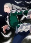  1boy artist_name bird blue_eyes blue_pants frilled_sleeves frills gearous highres male_focus pants ponytail silver_hair smile teenage viktor_nikiforov younger yuri!!!_on_ice yuri!!!_on_ice_the_movie:_ice_adolescence 