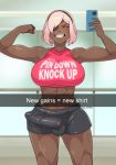  1girl abs absurdres arms_up blush breasts bulge cleavage closed_eyes clothes_writing covered_collarbone dahlia_(sulcate) dark_skin dark_skinned_female english_text erection erection_under_clothes eyepatch facing_viewer flexing fuck-me_shirt futanari grin hairband highres holding holding_phone indoors large_breasts large_penis meme_attire midriff muscle muscular_female one_eye_covered open_mouth original penis penis_under_clothes phone pose scar scar_on_cheek scar_on_face self_shot short_hair short_shorts shorts smile snapchat solo sports_bra standing sulcate tank_top testicles very_dark_skin 