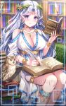  1girl animal bare_shoulders bird blush book book_stack bookshelf breasts cleavage closed_mouth clothing_cutout collarbone commentary_request feet_out_of_frame grey_hair highres holding holding_book indoors kouta. large_breasts laurel_crown long_hair open_book original owl parted_bangs purple_eyes quill shoulder_cutout sitting smile solo very_long_hair watermark 