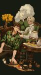  2boys artist_name belt black_background black_hair black_pants black_shirt black_shoes brown_pants cat collared_shirt commentary crossed_legs cup flower green_eyes highres instagram_username inuzumi_shibahiko_(megechan) kowata_shunki_(megechan) lamp long_sleeves male_focus mege_(megechan) multiple_boys open_mouth original pants plate print_shirt red_eyes shirt shoes short_hair simple_background sitting sleeves_rolled_up sweater_vest teacup teapot teeth tongue twitter_username vase white_cat white_hair white_shirt yellow_flower 