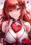  1girl absurdres alternate_costume bare_shoulders black_sleeves blush bow box breasts character_name cleavage commentary_request detached_sleeves flower goddess_of_victory:_nikke gradient_background hair_bow hair_over_shoulder hairband happy_valentine heart heart-shaped_box heart_hairband highres large_breasts light_smile looking_at_viewer parted_lips petals rapi_(nikke) rapi_(red_hood)_(nikke) red_eyes red_flower red_petals red_rose rose simple_background solo taka_(cactus) upper_body 