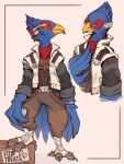 absurd_res anthro avian avian_feet beak bird blue_body blue_feathers bottomwear brown_bottomwear brown_clothing brown_pants claws clothed clothed_anthro clothing daarclaw falco_lombardi feathers feet hi_res jacket male narrowed_eyes nintendo pants solo star_fox talons toes topwear treat uniform