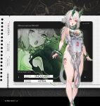  1girl bare_shoulders bead_bracelet beads blush body_writing bracelet breasts chinese_clothes chinese_commentary commentary_request different_zoom_layer dragon_girl dragon_horns dragon_tail dudou english_text feet_out_of_frame gebijiade_89 green_horns green_tail grey_hair hair_bun highres horns jewelry medium_breasts open_mouth original outside_border pink_eyes short_hair single_breast_curtain single_side_bun standing tail thick_tail zoom_layer 