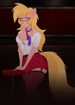  anthro barstool blonde_hair blush breasts callie_briggs close_to_bursting clothed clothing domestic_cat eyewear felid feline felis female furniture garter_belt garter_straps glasses green_eyes hair hanna-barbera hi_res mammal naitokitsune solo swat_kats 