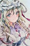  1girl absurdres asymmetrical_hair blue_eyes breasts closed_mouth commentary_request epaulettes frilled_hat frills green_hair hat highres kamu_kotan large_breasts long_hair looking_at_viewer purple_vest rod_of_remorse shiki_eiki smile solo touhou traditional_media upper_body vest 