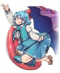  1girl arm_up blue_eyes blue_hair blush breasts closed_mouth eyebrows_visible_through_hair full_body heterochromia highres large_breasts long_sleeves looking_at_viewer messy_hair pigeoncrow red_eyes short_hair smile solo tatara_kogasa tongue tongue_out touhou v 