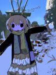  1girl bare_tree black_eyes blonde_hair blue_sky blush_stickers breath brown_gloves commentary_request dot_nose gloves highres holding holding_snowball jacket jitome layered_skirt open_clothes open_jacket open_mouth original outdoors outstretched_arms scarf skirt sky snow snowball solo spread_arms tiantokot tree winter 