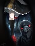  1girl bird black_bird black_socks commentary_request crow frilled_skirt frills highres kneehighs konton_hakusai leaf_print leg_up maple_leaf_print multicolored_skirt outdoors red_shoes ribbon-trimmed_skirt ribbon_trim shameimaru_aya shoes signature skirt socks solo touhou 