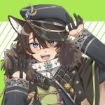  1boy :d animal_ear_fluff animal_ears black_capelet black_gloves black_hat black_jacket blue_eyes blue_gem blush brown_hair capelet chocoball0505 collar fangs fur_shawl garu_(nu_carnival) gem gloves green_background hair_between_eyes half_gloves hands_up hat highres jacket long_sleeves looking_at_viewer nu_carnival official_alternate_costume peaked_cap portrait scar scar_on_face scar_on_nose shawl short_hair smile solo spiked_collar spikes striped_background tilted_headwear white_collar wolf_boy wolf_ears 